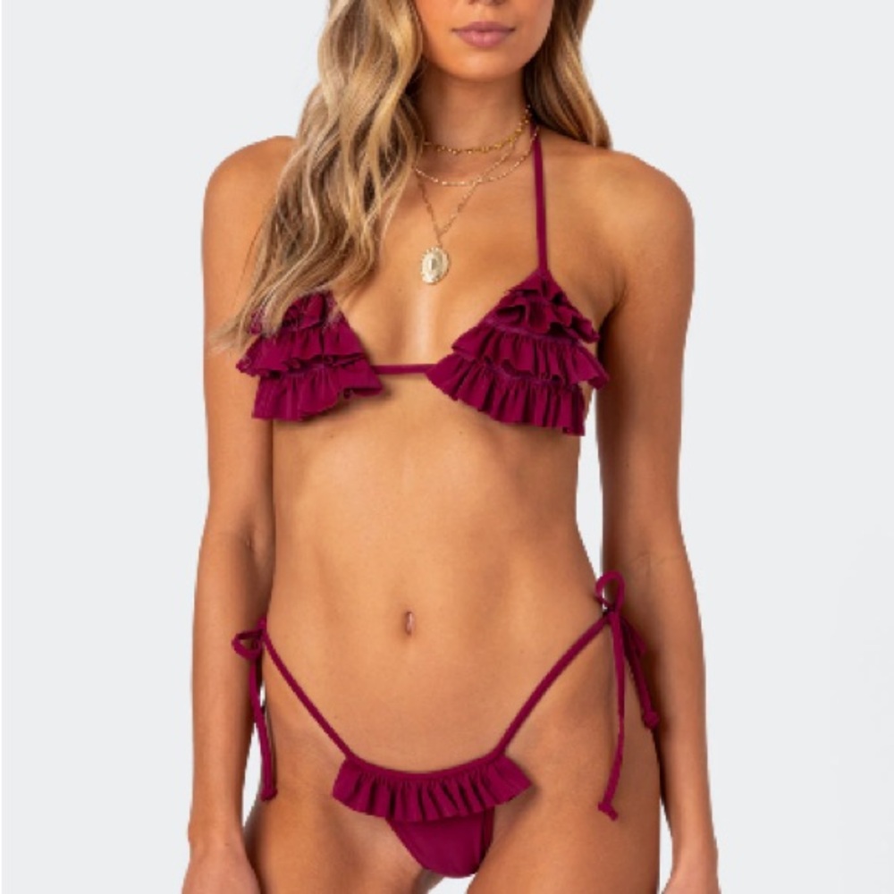 Elegant Ruffled Bikini Top in Burgundy
